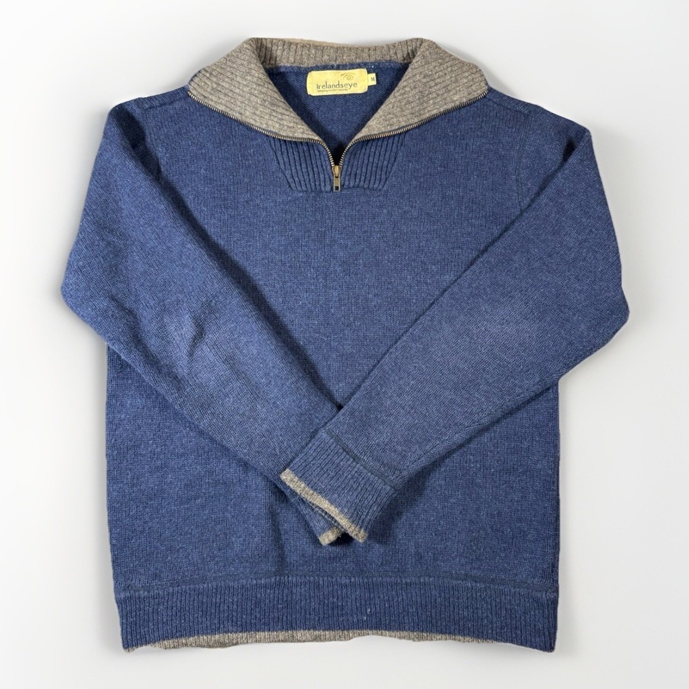 Irelandseye 100% Wool Quarter Zip Sweater Men's M Blue Gray Irish Knit Pullover